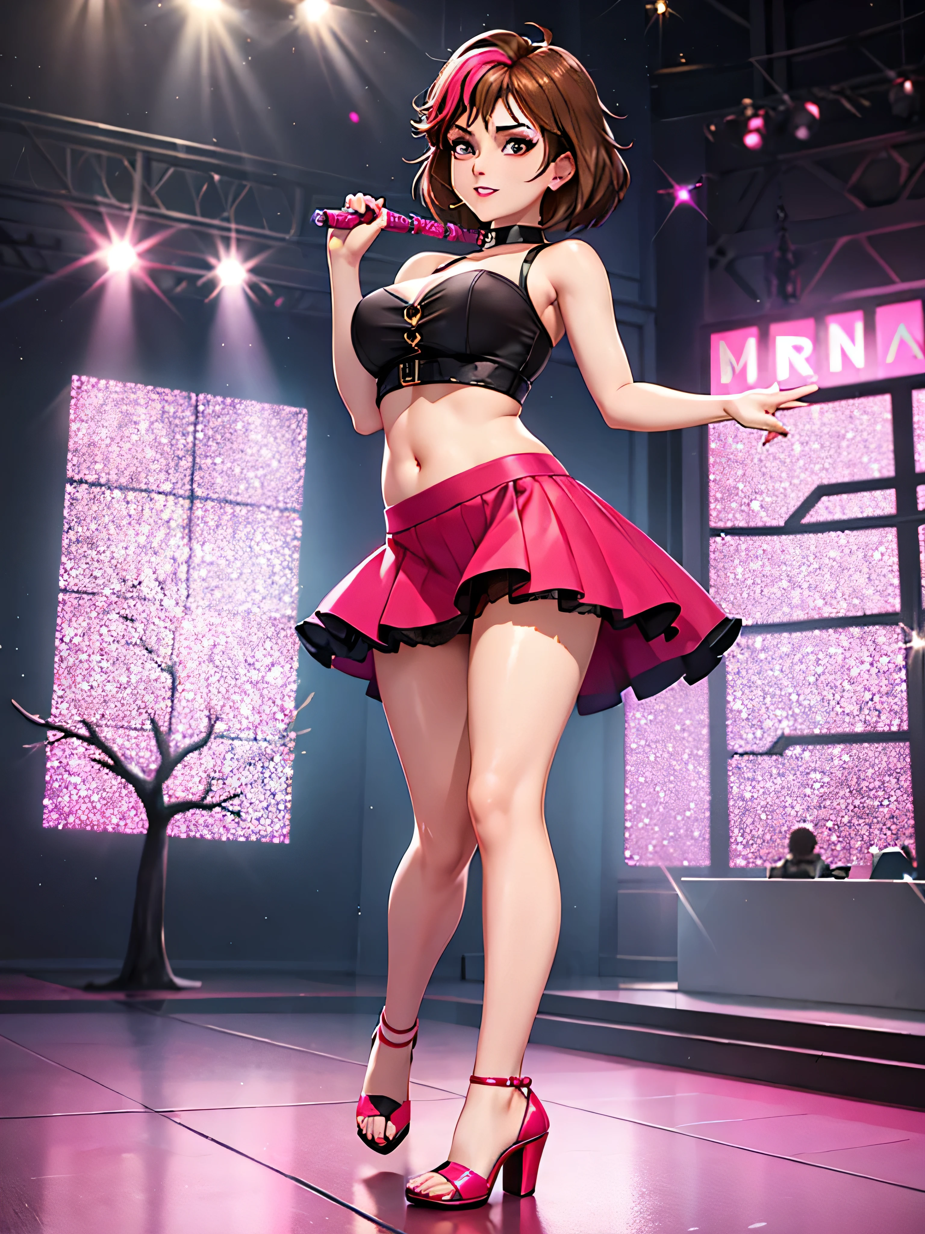 merula, pink high heels, sexy red labial, tonified legs, grey sequin mini skirt, brunette hair, full body, belly, glitter skirt, thighs