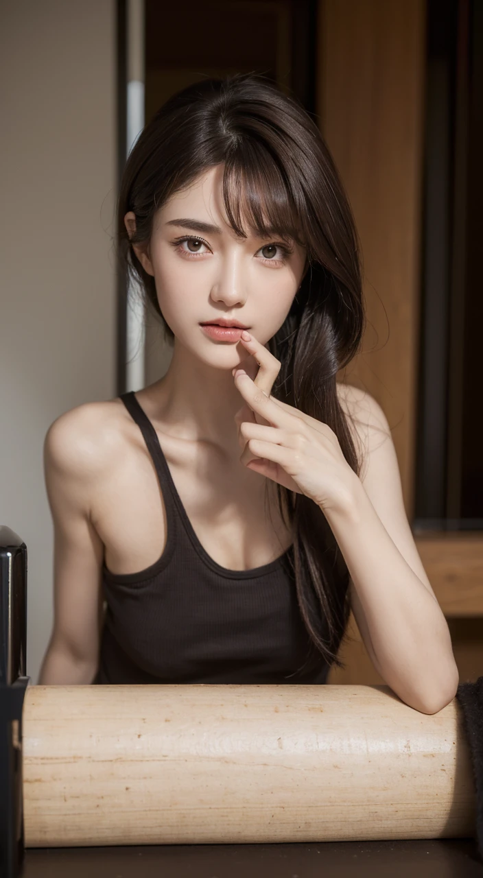((best quality, 8K, masterpiece :1.3)), whole body, sharp focus: 1.2, perfect body beautiful: 1.4, slim abs: 1.2, ((dark brown hair, : 1.2)), Tank Top Dress: 1.1, (street: 1.1), Highly detailed facial and skin textures, delicate eyes, double eyelids