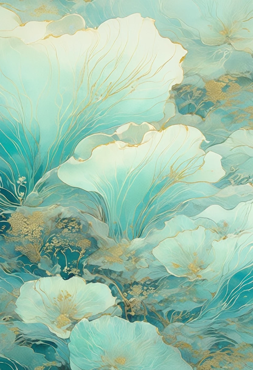 chinese painting nature illustration, in the style of ethereal dreamscapes, gold and aquamarine, layered imagery with subtle irony, historical illustrations, futuristic chromatic waves, light teal and white, precise, detailed paintings