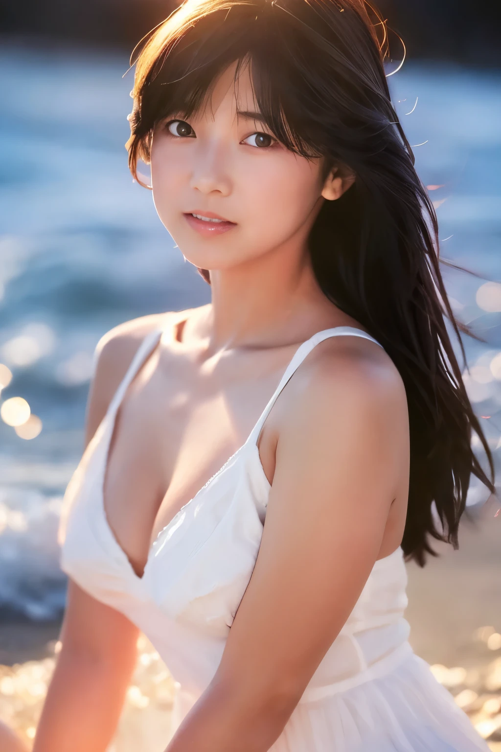 Create a high-quality, hyper-realistic portrait of a very beautiful Japanese idol. She is wearing a clean white summer dress and is squatting on the beach during sunset at sea. The deep indigo of the night sky contrasts with the last vestiges of crimson near the horizon, with swaying waves in the background. The girl has semi-long hair and a slender body with small breasts. The photo should capture her with detailed eyes, a detailed face, and a beautiful, sophisticated nose. The image should have a realistic, delicate, and finely detailed quality, suitable for a fashion magazine cover. Use cinema lighting and soft light to enhance her features. Ensure the photo is of the highest quality, with a resolution of 8K, making it perfect for a 2K wallpaper.