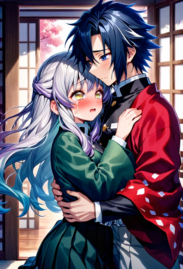 Ultra detailed, highres, absurdres, HDR, master piece, anime girl and boy, pretty woman with white long hair with deep red streaks, girl with yellow eyes, the girl is using a red haori, black demon slayer uniform, Kimetsu No Yaiba, fantasy, the pretty girl is sad and crying, Tomioka Giyu, Hashira, Tomioka is worried and comforting the girl, romance, inside a japones house, best quality, extremely detailed face, love, passion, romance, anime, they are really in love, hug, the girl is hurt 