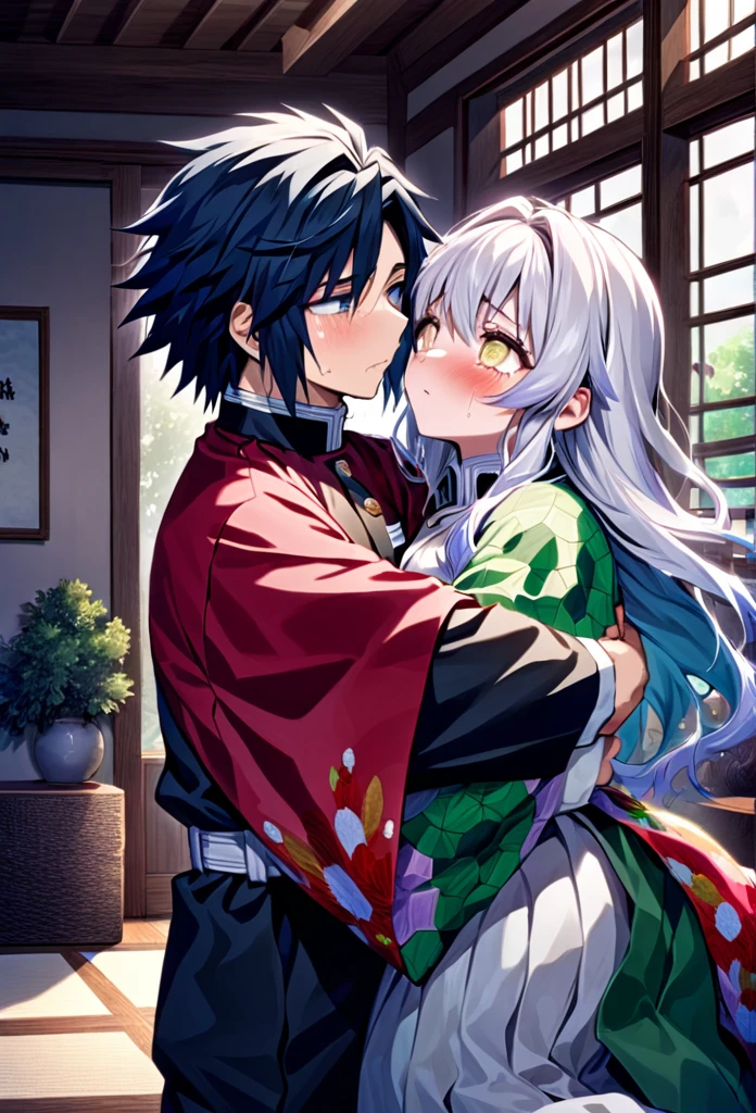 Ultra detailed, highres, absurdres, HDR, master piece, anime girl and boy, pretty woman with white long hair with deep red streaks, girl with yellow eyes, the girl is using a red haori, black demon slayer uniform, Kimetsu No Yaiba, fantasy, the pretty girl is sad and crying, Tomioka Giyu, Hashira, Tomioka is worried and comforting the girl, romance, inside a japones house, best quality, extremely detailed face, love, passion, romance, anime, they are really in love, hug, the girl is hurt