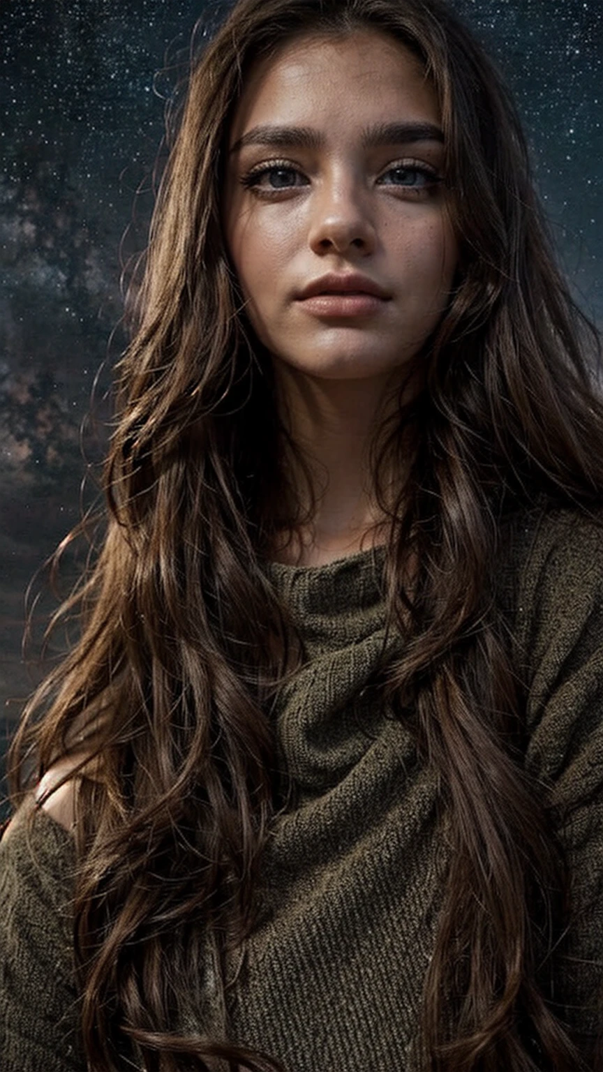 realistic 8k detailed portrait of a young woman gazing up at the stars, long wavy brown hair, beautiful detailed eyes, beautiful detailed lips, extremely detailed face, longeyelashes, serene expression, night sky with stars, milky way galaxy, moody lighting, cinematic, dramatic, highly detailed, photorealistic, award winning digital art