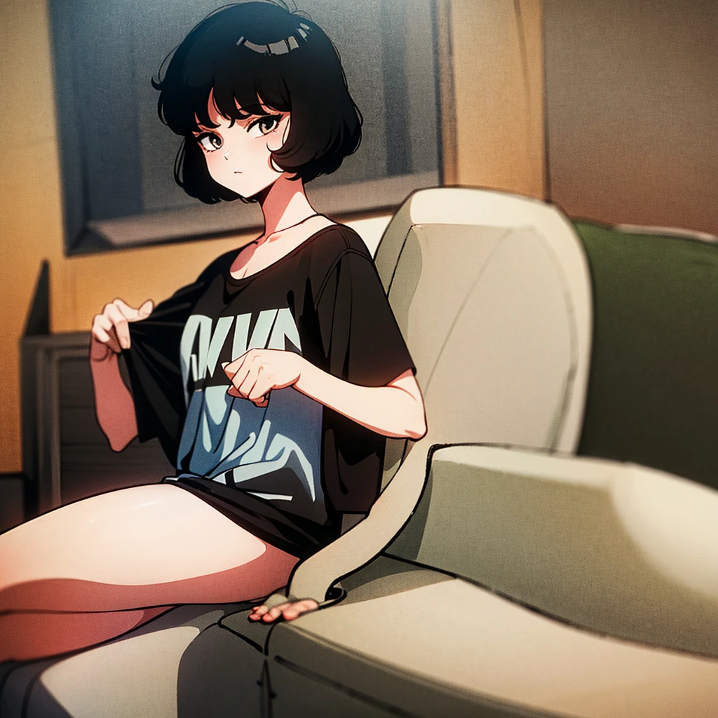 1girl, short hair, black hair, black eyes, black shirt, looking at viewer, full body, white skin, 1980s style
