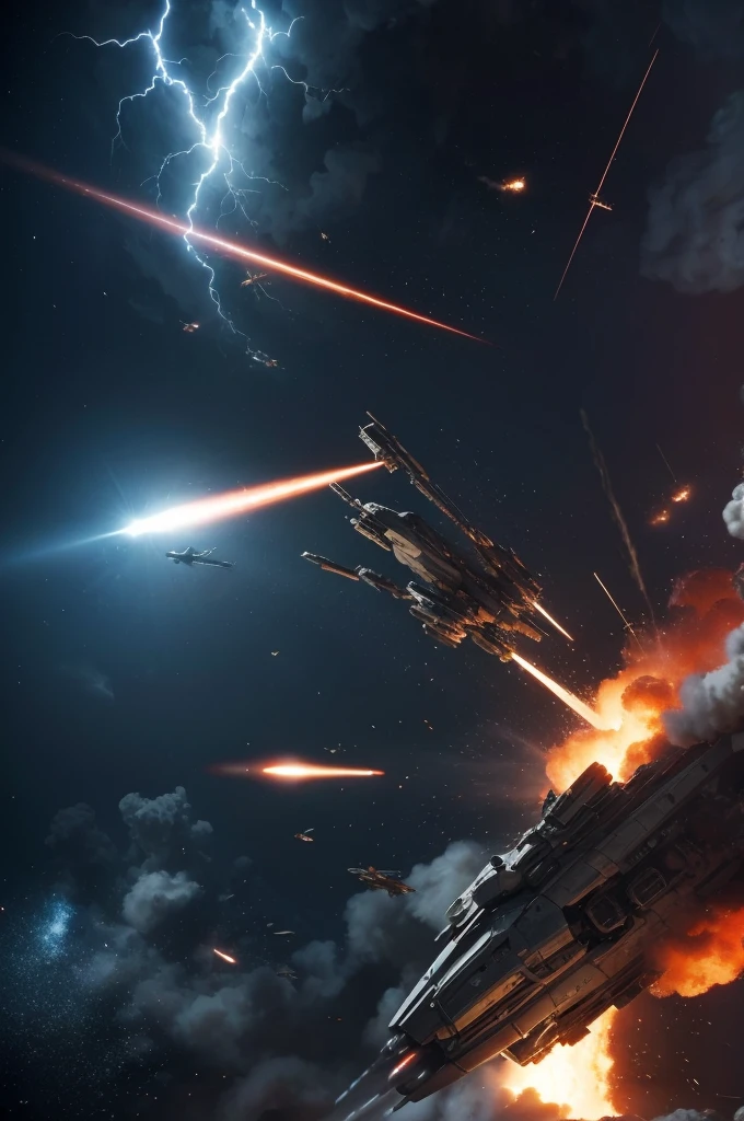 a space battleship being blown in half by weapon fire with explosions wreckage and fire, masterpiece, best, photo realistic, epic space battle scene