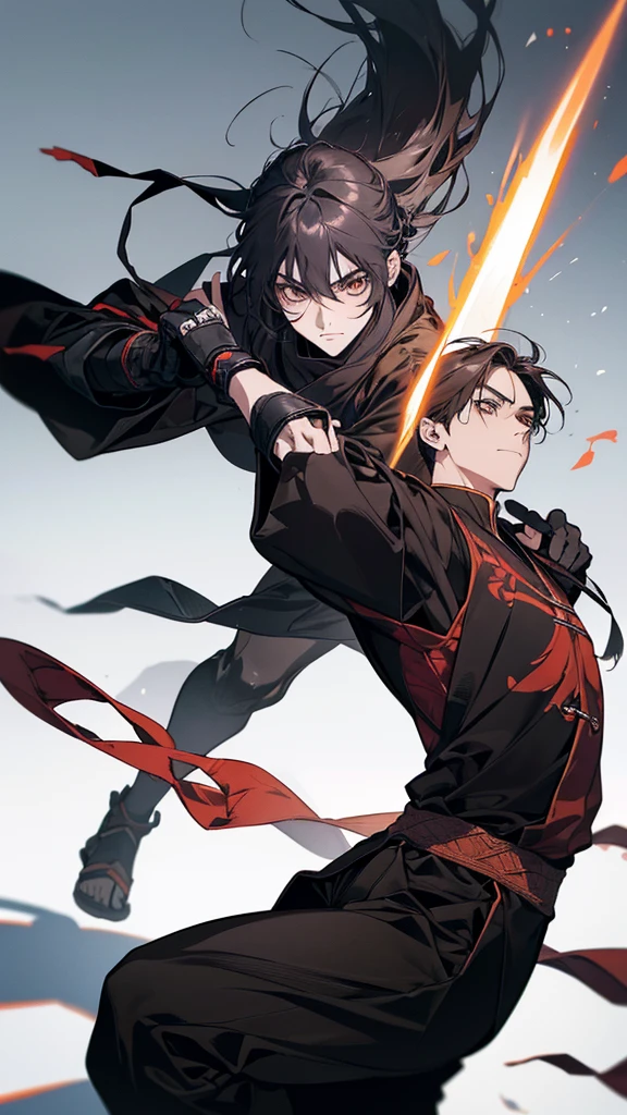 Close-up of a person leaping into the air with a sword, 神秘的なNinja, Ninja戦士, Jumping Leaping Heroic Attack, mkNinja, fighting game character, Works inspired by Kano Hogai, Promotional Art, Heroic action pose, Ronin, in the style of sifu 🔥 😎 🕹️ 👀 :2, No text, Strong Shadows　Ninja