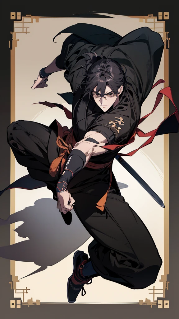 Close-up of a person leaping into the air with a sword, 神秘的なNinja, Ninja戦士, Jumping Leaping Heroic Attack, mkNinja, fighting game character, Works inspired by Kano Hogai, Promotional Art, Heroic action pose, Ronin, in the style of sifu 🔥 😎 🕹️ 👀 :2, No text, Strong Shadows Ninja