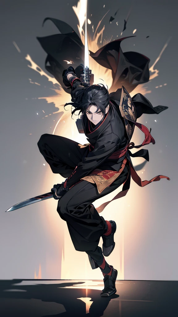 Close-up of a person leaping into the air with a sword, 神秘的なNinja, Ninja戦士, Jumping Leaping Heroic Attack, mkNinja, fighting game character, Works inspired by Kano Hogai, Promotional Art, Heroic action pose, Ronin, in the style of sifu 🔥 😎 🕹️ 👀 :2, No text, Strong Shadows　Ninja