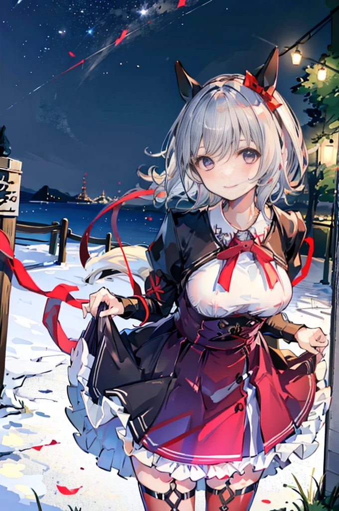 Browsing Caution,Showing nipples,Bare Chest,Uma Musume,,upon,Curvaceous,Karen Chan,Pull up your skirt,Lift up your skirt yourself,floating,Red ribbon on left ear,short hair of cream color,Plump thighs,Wicked Smile,Red tights,Beautiful night view,Best image quality,Tabletop,Highest quality