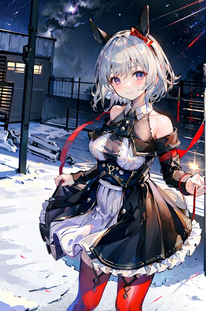 Browsing Caution,Showing nipples,Bare Chest,Uma Musume,,upon,Curvaceous,Karen Chan,Pull up your skirt,Lift up your skirt yourself,floating,Red ribbon on left ear,short hair of cream color,Plump thighs,Wicked Smile,Red tights,Beautiful night view,Best image quality,Tabletop,Highest quality