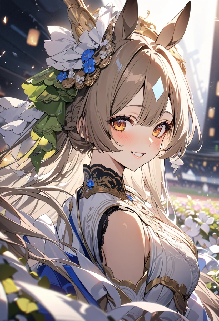 A smiling girl Satono Diamond, Anime Uma Musume,( She has Chestnut hair and Chestnut horse ears on her head) .(white diamond-shaped white hair on her forehead1.5).with perfect features standing in a racetrack surrounded by a large number of spectators, with a blizzard of flowers flowing around her, (best quality,4k,8k,highres,masterpiece:1.2),ultra-detailed,studio lighting,ultra-fine painting,sharp focus,physically-based rendering,extreme detail description,professional,vivid colors,bokeh,portrait