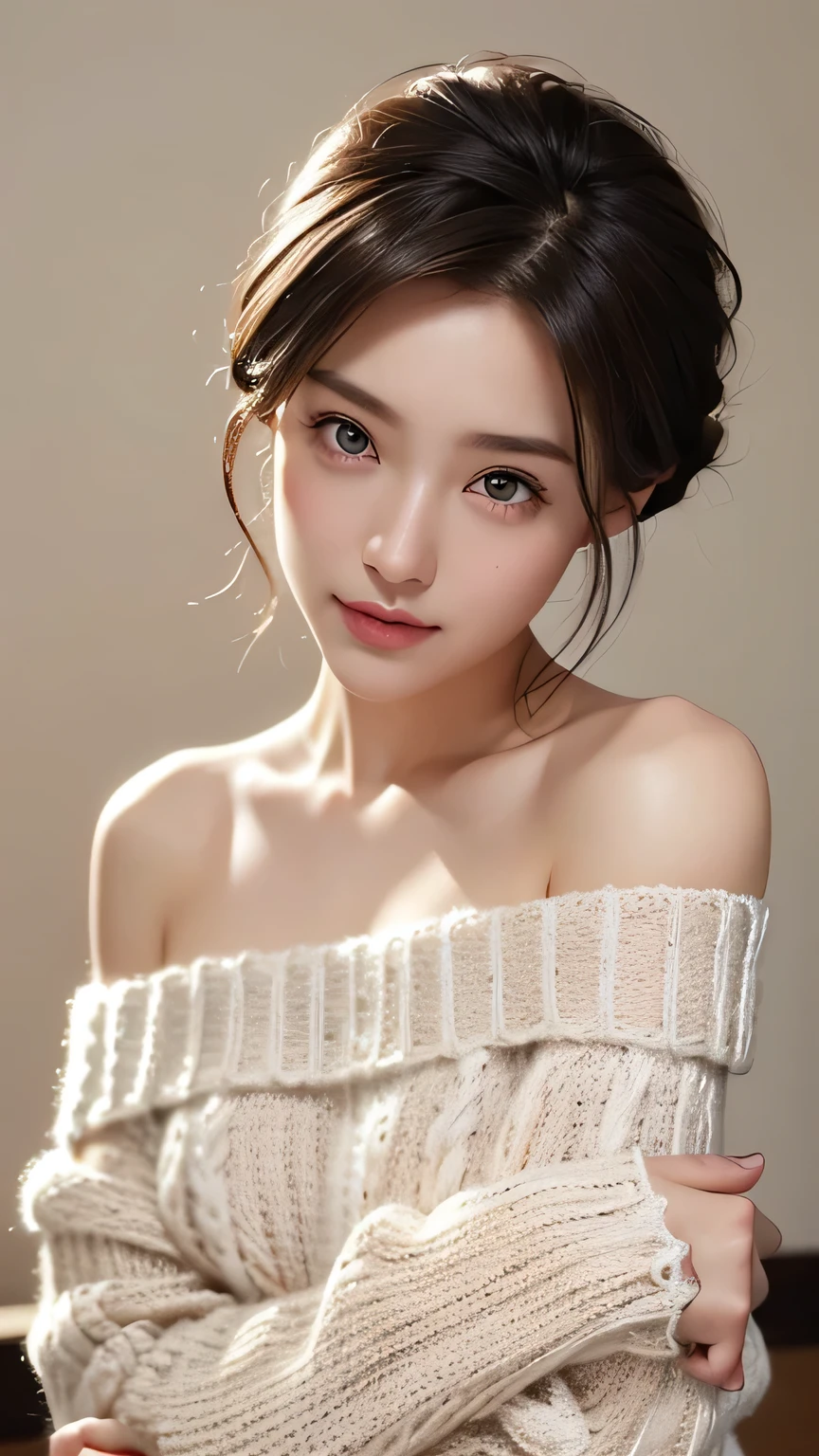 Non-NSFW、Realistic、Highest quality、Highest quality、masterpiece、Ultra-high resolution、RAW Photos、Realistic、Bright lighting、Face Light、Smooth Professional Lighting、Looking into the camera、alone、Adult female、Beautiful woman、Super Beauty、Realistic肌、Moisturized Skin、Realistic eyes and faces、Perfect model body shape、Beautiful Eyes、Big eyes、Inconspicuous tear bags、slim、No bra、Beautiful fingers、Very short hair、Brown Hair、Iris、Looks happy、(Both ears are hidden by hair), (Off-the-shoulder knit sweater:1.6), (White knitted clothes:1.2)、No shoulder straps、Fantasy World、In the city、Sexy Costumes, Small Ass, (Large Breasts:1.1),(Venus' Nipples:1.2), A konigsreuter,(from behind:1.6)