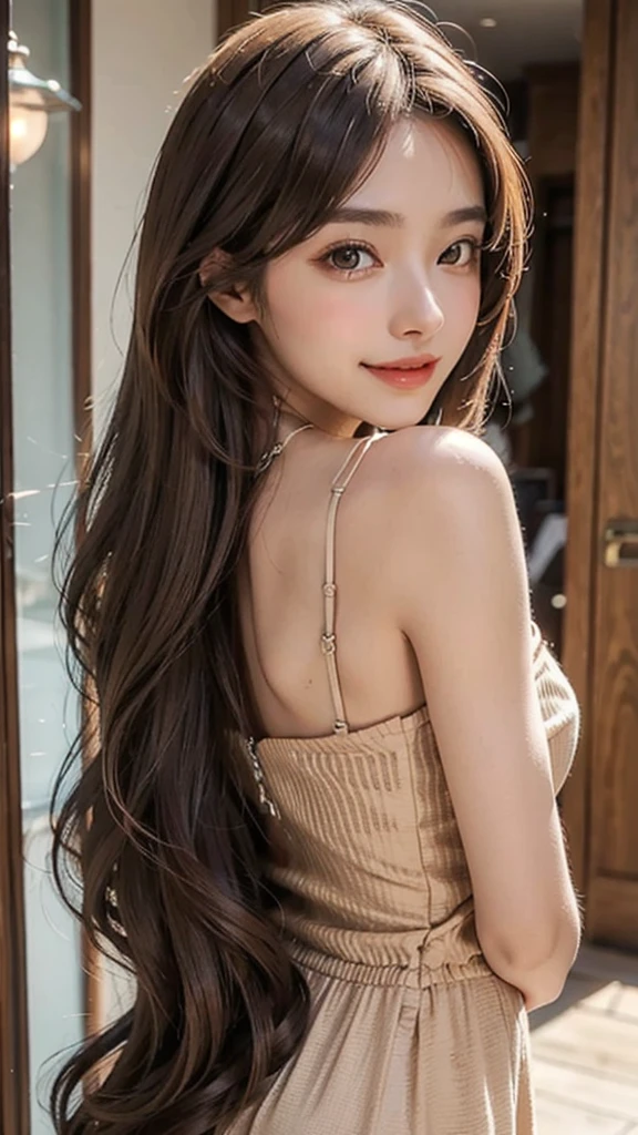 Do a girl with light brown hair, long hair reaching mid-back , eyes large hazel color, elegant and natural with a charming smile
