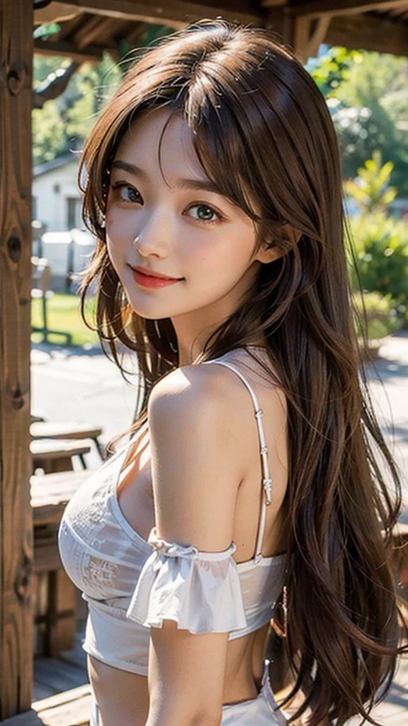 Do a girl with light brown hair, long hair reaching mid-back , eyes large hazel color, elegant and natural with a charming smile
