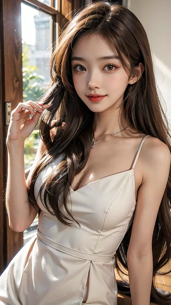 Do a girl with light brown hair, long hair reaching mid-back , eyes large hazel color, elegant and natural with a charming smile