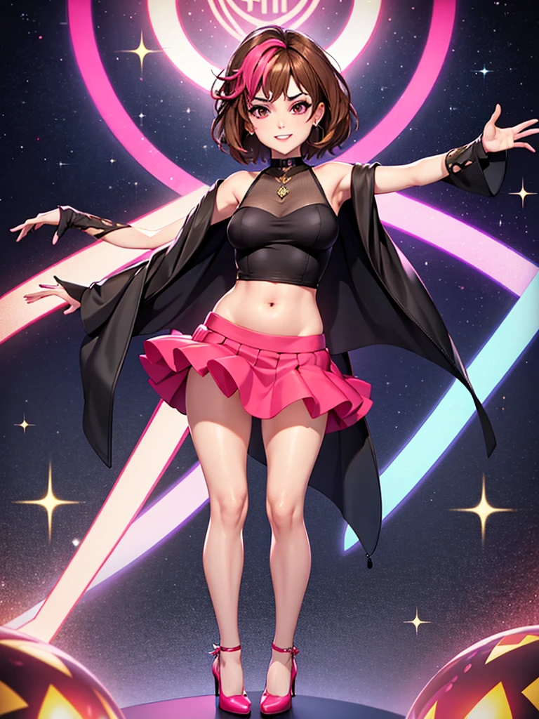 merula, pink high heels, sexy red labial, tonified legs, sequin mini skirt grey, brunette hair, full body, belly, glitter skirt, thighs