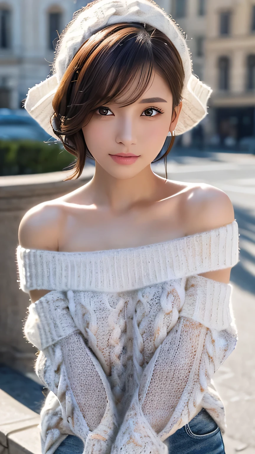 Non-NSFW、Realistic、Highest quality、Highest quality、masterpiece、Ultra-high resolution、RAW Photos、Realistic、Bright lighting、Face Light、Smooth Professional Lighting、Looking into the camera、alone、Adult female、Beautiful woman、Super Beauty、Realistic肌、Moisturized Skin、Realistic eyes and faces、Perfect model body shape、Beautiful Eyes、Big eyes、Inconspicuous tear bags、slim、No bra、Beautiful fingers、Very short hair、Brown Hair、Iris、Looks happy、(Both ears are hidden by hair), (Off-the-shoulder knit sweater:1.6), (White knitted clothes:1.2)、No shoulder straps、Fantasy World、In the city、Sexy Costumes, Small Ass, (Large Breasts:1.1),(Venus' Nipples:1.2), A konigsreuter,(from behind:1.6)