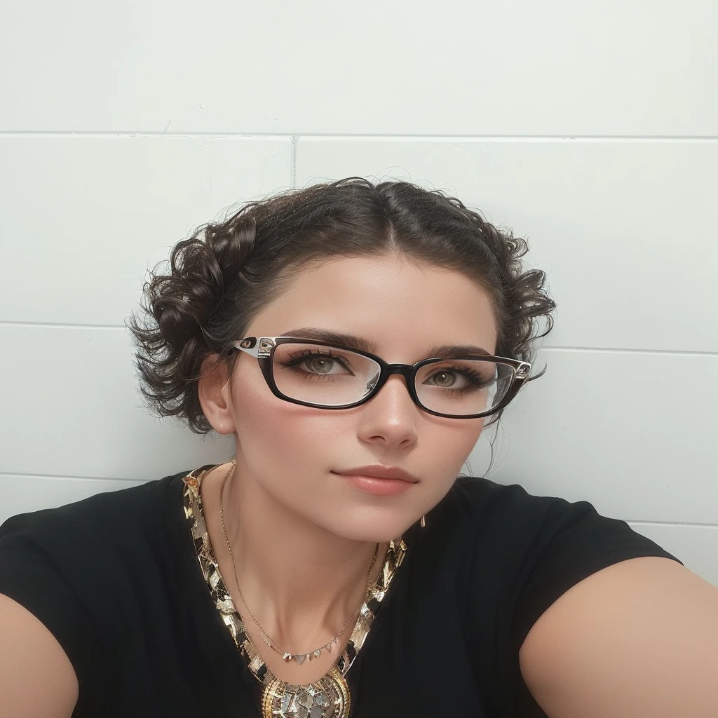 woman with glasses and necklace sitting in front of a white wall, profile image, the woman is wearing glasses