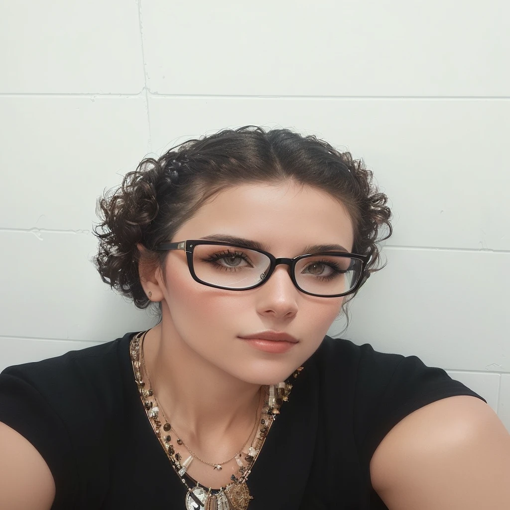 woman with glasses and necklace sitting in front of a white wall, profile image, the woman is wearing glasses