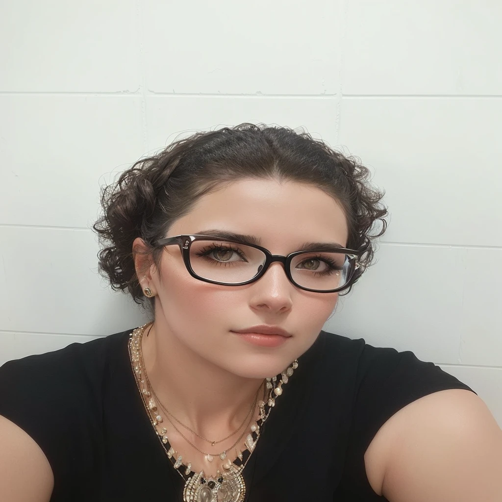 woman with glasses and necklace sitting in front of a white wall, profile image, the woman is wearing glasses