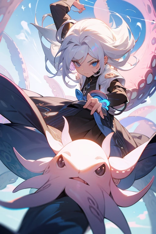 beautfull woman, with white hair ,playing with an octopus with heavenly power