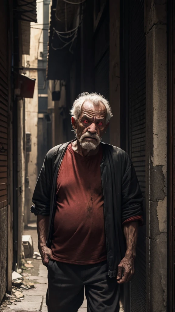 An ugly old man with red eyes in torn clothes carrying a big bag on his back and a  looking scared at the old man in a dark alley 