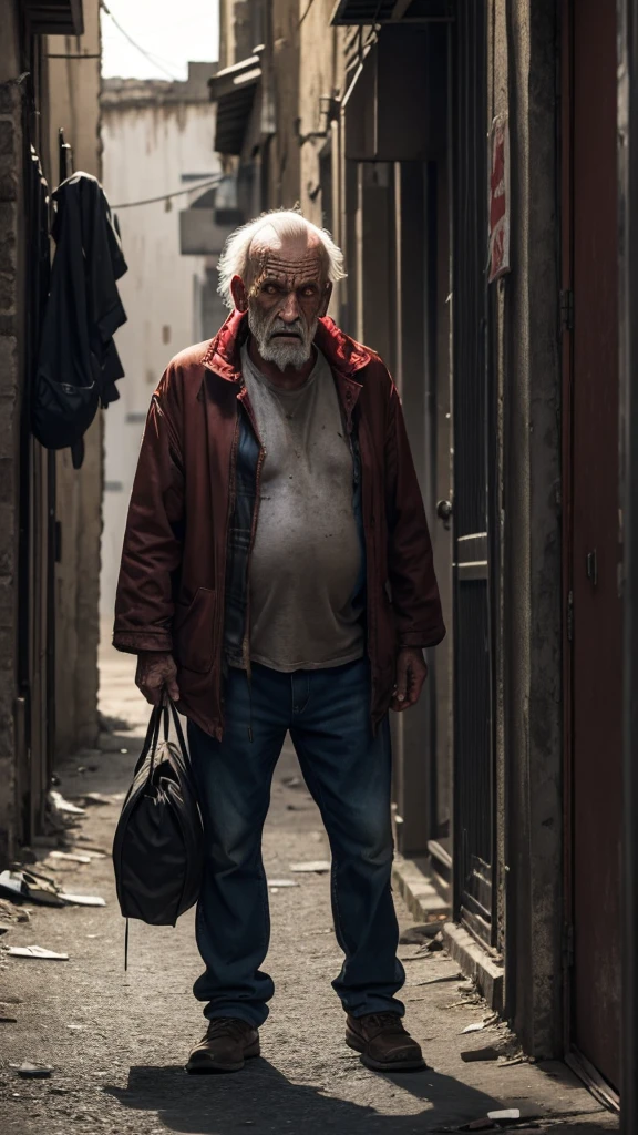 An ugly old man with red eyes in torn clothes carrying a big bag on his back and a  looking scared at the old man in a dark alley 