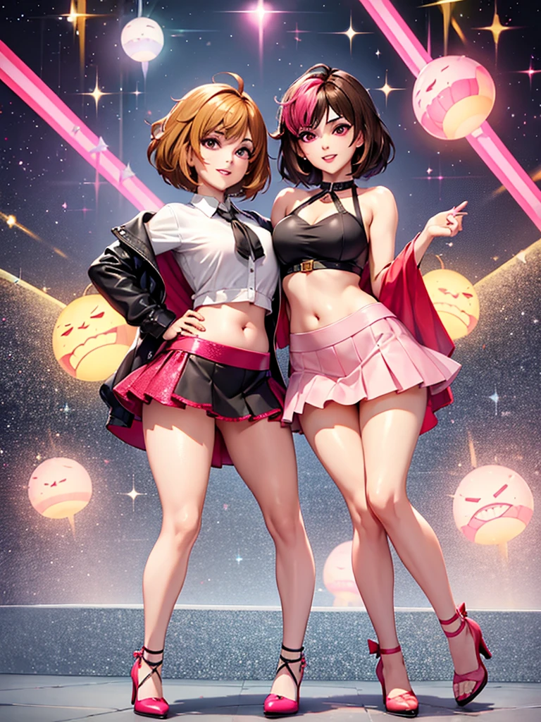 merula, pink high heels, sexy red labial, tonified legs, grey sequin mini skirt, brunette hair, full body, belly, glitter skirt, thighs, white blouse