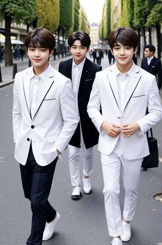 Two boys in Paris dressed alike in white, one with the face of Hyunjin from Star kids and Eunwoon from Astro