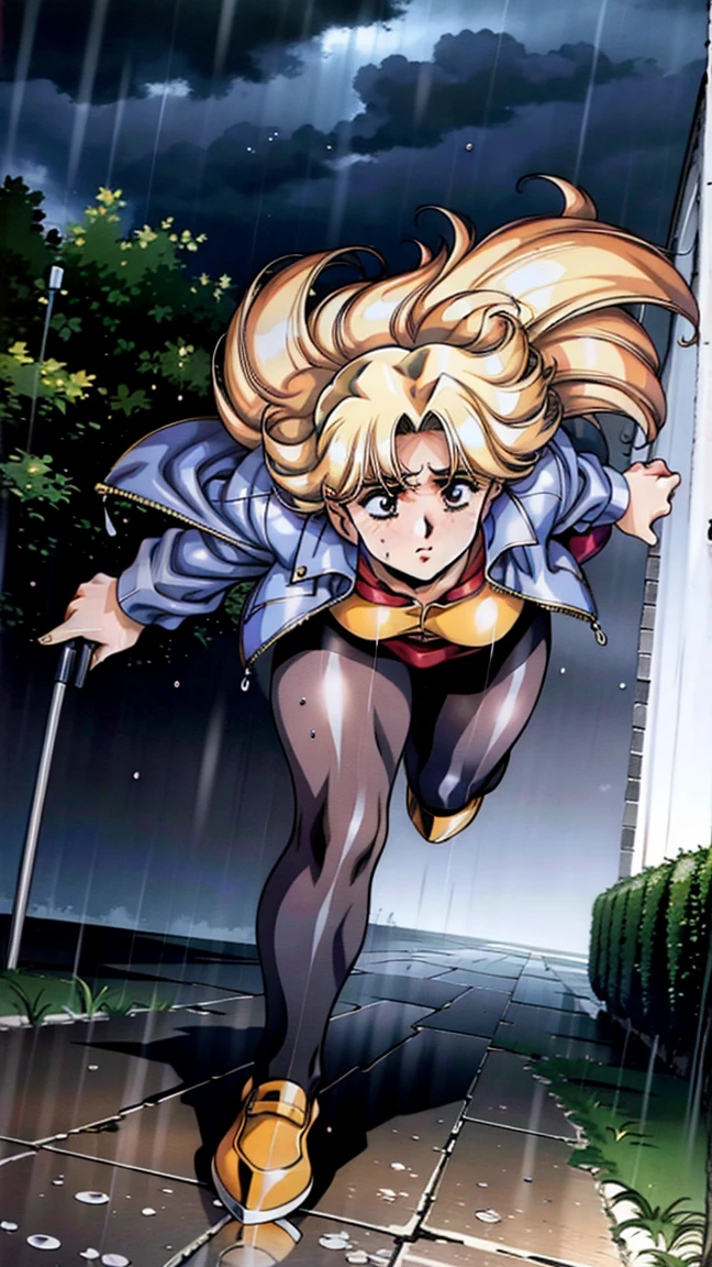 A realistic illustration of a woman hurrying home in the middle of a typhoon. The scene shows the woman wearing a raincoat and holding an umbrella, struggling against strong winds and heavy rain. The background includes stormy skies, swaying trees, and waterlogged streets, capturing the intensity of the typhoon.
