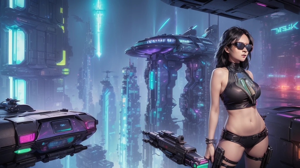 (((aerial view))) of futuristic city, hologram neon buildings, (((futuristic flying cars))) and futuristic cars, Surreal cyberpunk city, in a Future cyberpunk city, 3d rendering Beeple, at night. large-breast photorealistic sexy woman, tank top, miniskirt, (((((black sunglasses, pistol shooting pose))))), standing, leaning forward, (((((half-body thigh level medium shot))))).