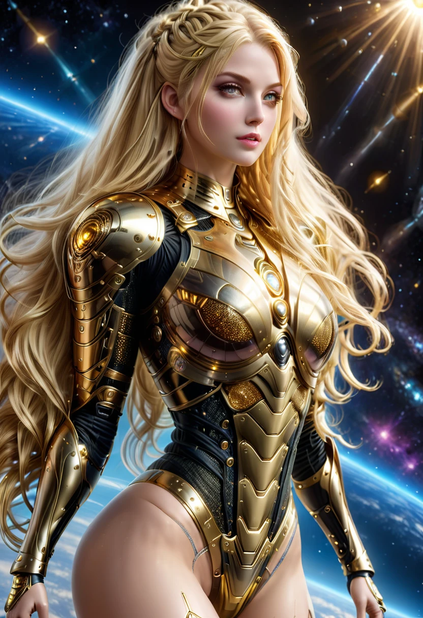 BOMBSHELL BLONDE VALKYRIE FLYING OUTERSPACE, , PALE SKIN, YELLOW EYES, HIGH CHEEKBONES, ROSY CHEEKS, MENTAL FORAMEN, HUGE LONG HAIR, DOUBLE BRAIDED HAIR, GOLD THONG LEOTARD ARMOUR, LONG SLEEVES, GOLD UNDER BODYSUIT, GOLD NECK BODYSUIT, LONG GOLD GAUNTLETS, ATHLETIC CURVY BODY, DETAILED QUADRICEPS, MUSCLES, BACK BODY VIEW,  GOLD SHOES, FULL BODY PERSPECTIVE, SPRITE LIGHTINGS, OUTERSPACE, RAYS OS LIGHT, SUN, BACK LIGHTS, NIGHT SKY, ACCURATE IMAGE, MASTERPIECE.