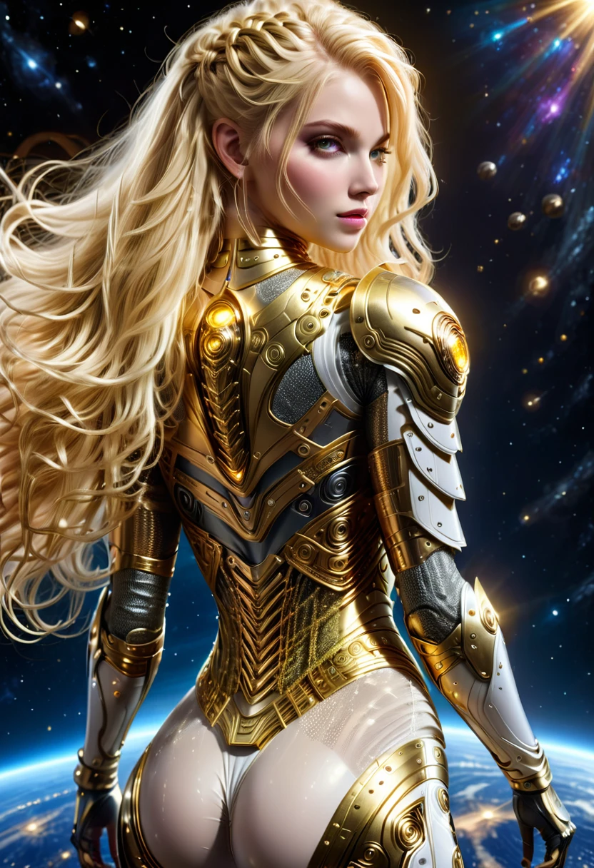 BOMBSHELL BLONDE VALKYRIE FLYING OUTERSPACE, , PALE SKIN, YELLOW EYES, HIGH CHEEKBONES, ROSY CHEEKS, MENTAL FORAMEN, HUGE LONG HAIR, DOUBLE BRAIDED HAIR, GOLD THONG LEOTARD ARMOUR, LONG SLEEVES, GOLD UNDER BODYSUIT, GOLD NECK BODYSUIT, LONG GOLD GAUNTLETS, ATHLETIC CURVY BODY, DETAILED QUADRICEPS, MUSCLES, BACK BODY VIEW, GOLD SHOES, FULL BODY PERSPECTIVE, SPRITE LIGHTINGS, OUTERSPACE, RAYS OS LIGHT, SUN, BACK LIGHTS, NIGHT SKY, ACCURATE IMAGE, MASTERPIECE.