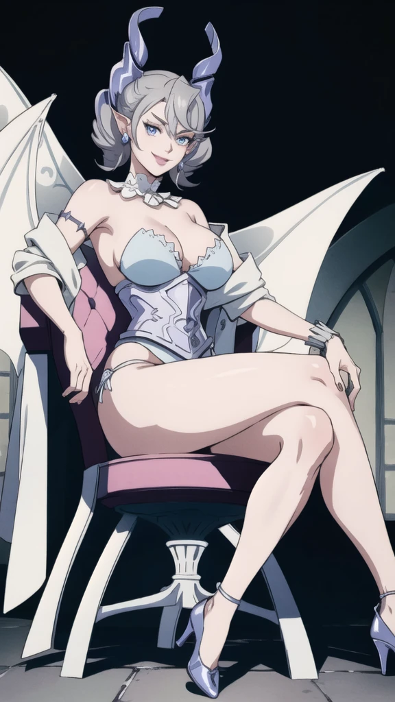 Outside castle top High level image quality best image quality 8K adult woman silver castle outside more colors whole body view portrait bikini horn ears short hair((shortcut)(gray hair)(perm)(fluffy)) eye color is blue , , attractive evil face , smile , sexy pose , labrynth , barearm , wearing pink , wings , sitting on chair ,holding her weapon , crossed legs, view heels , view side