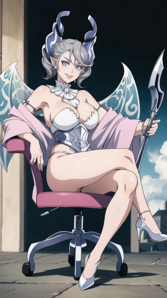 Outside castle top High level image quality best image quality 8K adult woman silver castle outside more colors whole body view portrait bikini horn ears short hair((shortcut)(gray hair)(perm)(fluffy)) eye color is blue , , attractive evil face , smile , sexy pose , labrynth , barearm , wearing pink , wings , sitting on chair ,holding her weapon , crossed legs, view heels , view side