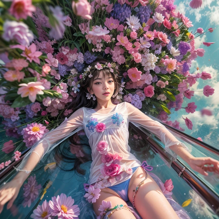 Crimson,ExtremelyDetailed(ProfessionalPhoto of Girl Floating in the Sky:1.37), 280th floor infinity pool，The tallest building in the urban forest, {Around bonsai|Luo Han Song|coconut palms|tulips|Rose flower}, (Masterpiece 8K TopQuality:1.2),  (ExtremelyDetailed NOGIZAKA face and Eyes:1.37)ElaboratePupils with (SparklingHighlights:1.28) DoubleEyelids with Voluminous LongEyelashes RosyCheeks (Joyful Expressions LifeLike Rendering)  BREAK   Detailed impeccable Radiant PearlSkin with Transparency, Skinny(SchoolSwimwear:1.28) beautiful graceful {(HiddenHand)|((Corrected BabyLikeHand))} (Whole Body Proportions and all limbs are Anatomically Accurate), (FlowerWreath WrappedBody Flowers Covering girl's body Full of Flowers){Dazzling RainbowColorHorizon|ColorfulSky|ColorfulClouds|Starly Stars}(extra limbs:-1.4)