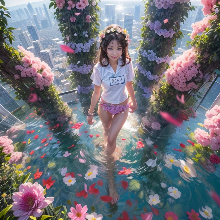 Crimson,ExtremelyDetailed(ProfessionalPhoto of Girl Floating in the Sky:1.37), 280th floor infinity pool，The tallest building in the urban forest, {Around bonsai|Luo Han Song|coconut palms|tulips|Rose flower}, (Masterpiece 8K TopQuality:1.2),  (ExtremelyDetailed NOGIZAKA face and Eyes:1.37)ElaboratePupils with (SparklingHighlights:1.28) DoubleEyelids with Voluminous LongEyelashes RosyCheeks (Joyful Expressions LifeLike Rendering)  BREAK   Detailed impeccable Radiant PearlSkin with Transparency, Skinny(SchoolSwimwear:1.28) beautiful graceful {(HiddenHand)|((Corrected BabyLikeHand))} (Whole Body Proportions and all limbs are Anatomically Accurate), (FlowerWreath WrappedBody Flowers Covering girl's body Full of Flowers){Dazzling RainbowColorHorizon|ColorfulSky|ColorfulClouds|Starly Stars}(extra limbs:-1.4)