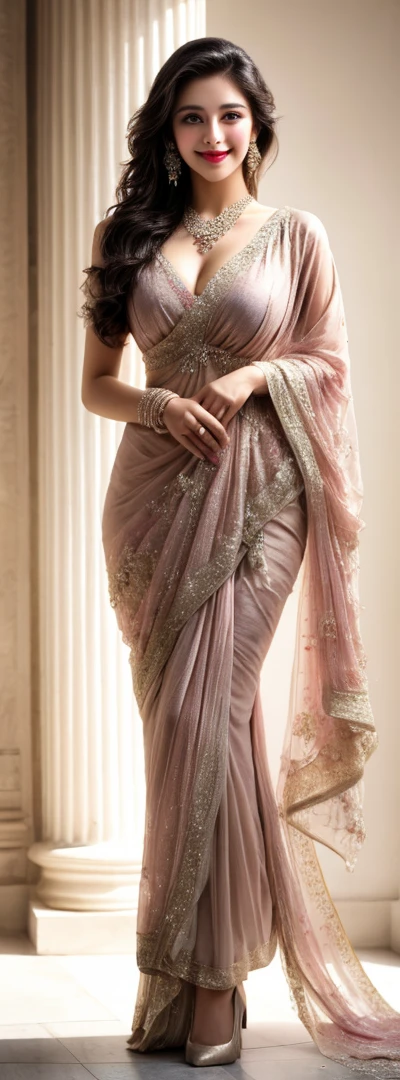 A young realistic woman adorned in very elegant traditional sexy Indian attire, cute and sexy face, very very enormous breasts(boobs), sexy body type, sexy outfit, sexy smile. Indian wedding (realistic perfect face))