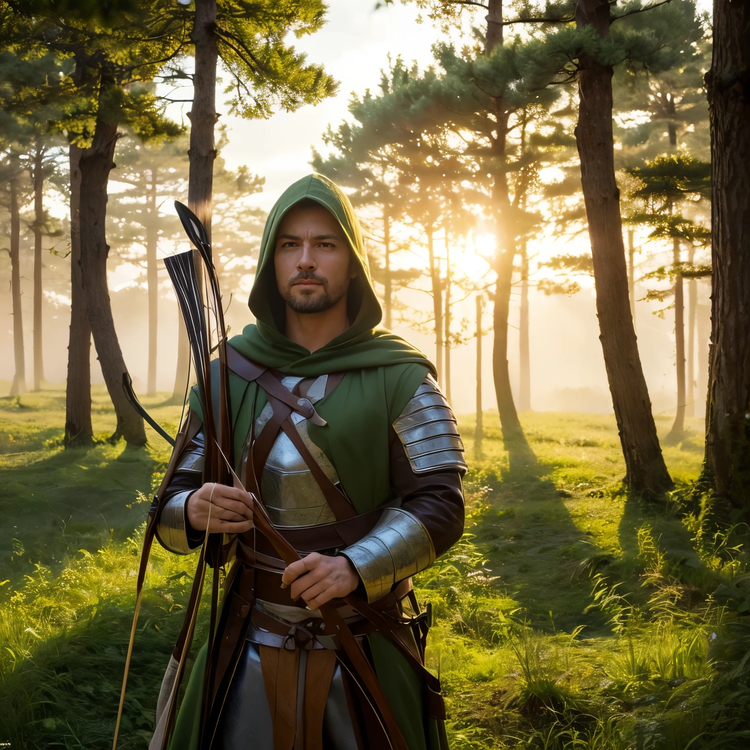 a medieval archer in a forest, green cloak, hood, holding a bow and arrow, heroic pose, highly detailed, photorealistic, dramatic lighting, golden hour, lush green forest, sunbeams, (best quality,4k,8k,highres,masterpiece:1.2),ultra-detailed,(realistic,photorealistic,photo-realistic:1.37),cinematic,epic,fantasy,dramatic