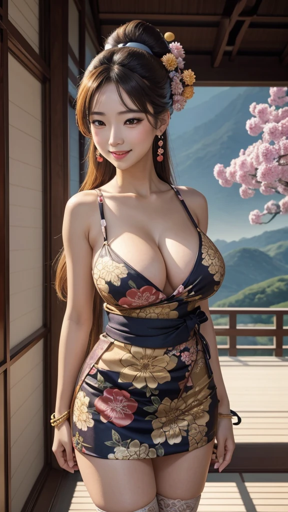 Characters and landscapes from ukiyo-e interact with modern customs and influence people. They come to life from the paintings, blurring the line between reality and illusion. 8K , HD, highly detailed, realistic, photography, photo realism, --ar 9:16 -- at 6.0 --s 750,alone, Long Hair, View your viewers, Blonde, Brown eyes, gem, whole body, Realistic, Sexy、Big Breasts 、stockings、clip on earrings,during,bracelet、smile,yukata floral pattern