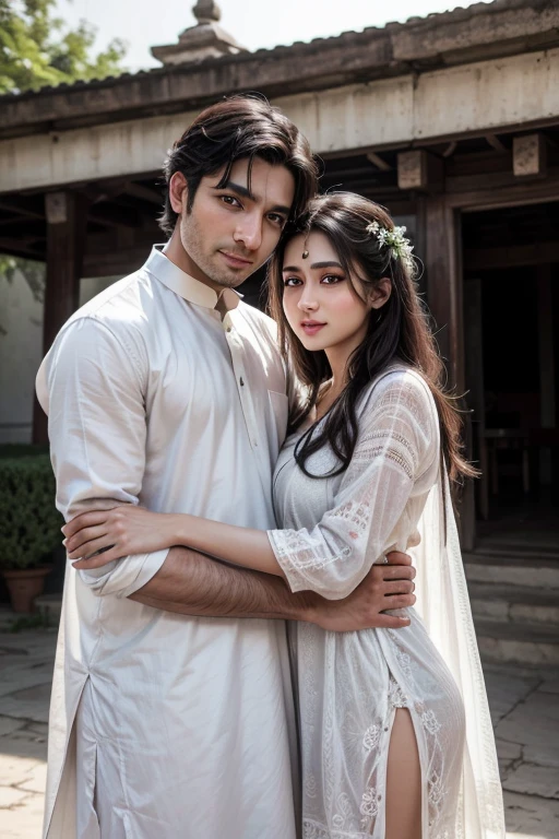 black horses slightly smiling thin dark eyes in white clothes from Pakistan he is hugged with his wife dressed in elegant clothes she has green eyes her makeup is Indian her clothes are also Indian they are very passionate they are in front of a temple in Pakistan