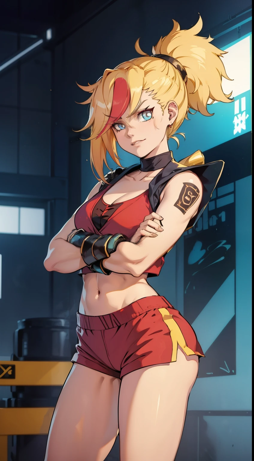 young girl, longue blonde hair, Hairpin with a bundle, turquoise eyes, Yakuza tattoos, red tight uniform, Sleeveless, Wide neckline on the chest to the abdomen, Gold Elements, Red gold armor, Shorts, claws, smirk, Masterpiece, hiquality, 4k, HD, Good detail