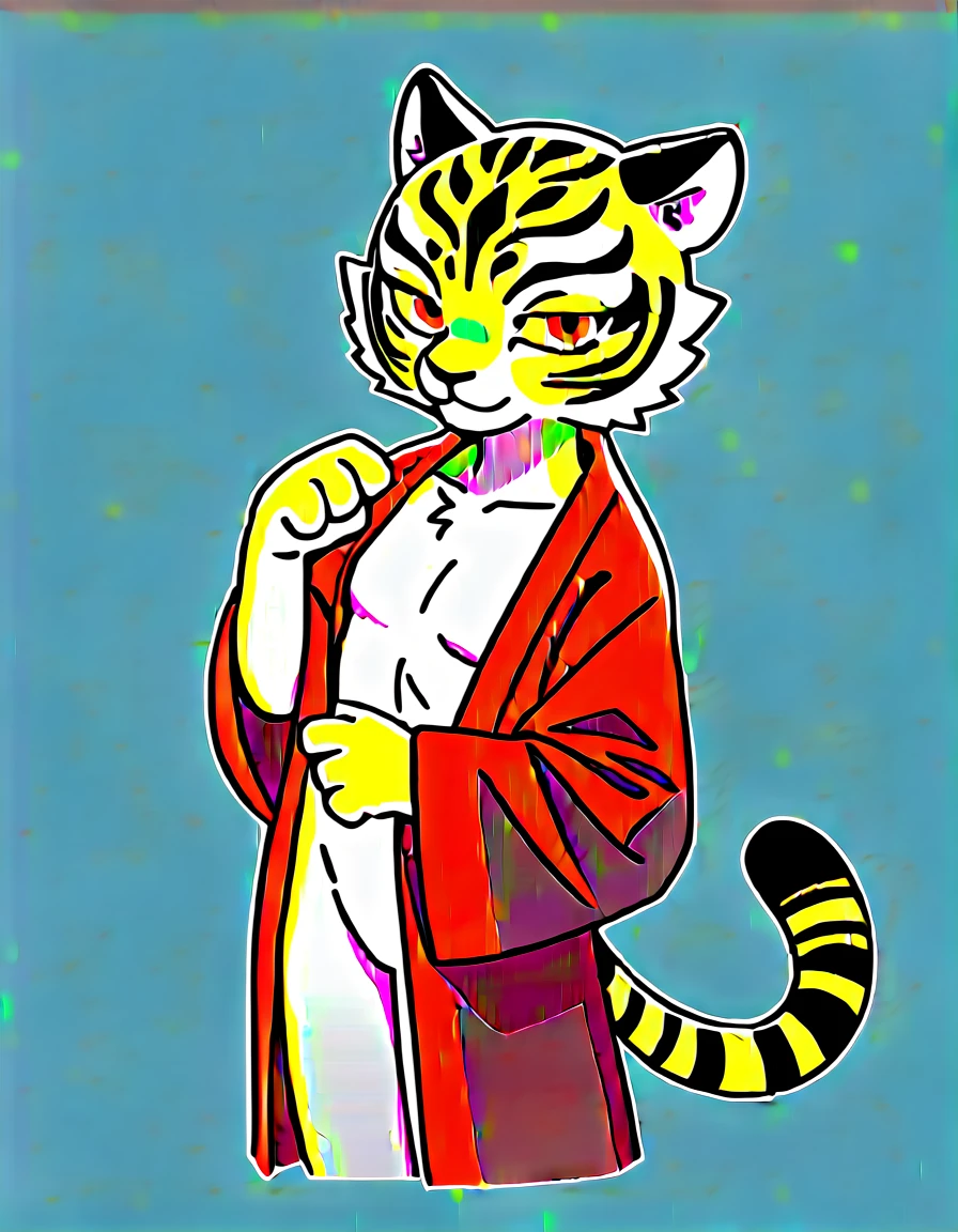 , score_9,score_8_up,score_7_up, kemono style, [Master Tigress], [Kung Fu Panda], red eyes, yellow sclera, tiger female, feminine, tall, skinny, hourglass figure, naked, standing, simple abstract background, wearing a kimono, skimpy kimono, kimono barely covering her, seductively modeling, u