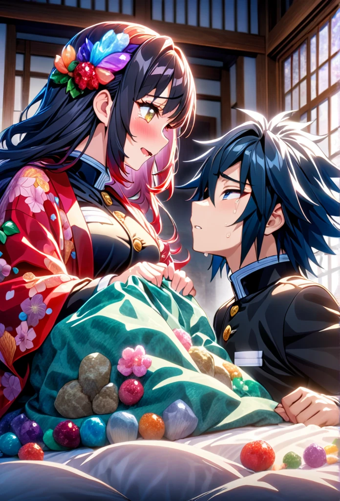 Ultra detailed, highres, absurdres, HDR, master piece, anime girl and boy, pretty woman with white long hair with deep red streaks, girl with yellow eyes, the girl is using a red haori, black demon slayer uniform, Kimetsu No Yaiba, fantasy, the pretty girl is sad and crying, Tomioka Giyu is hurt in bed, Water Hashira, Tomioka is in coma, romance, inside a japones house, best quality, extremely detailed face, love, passion, romance, anime