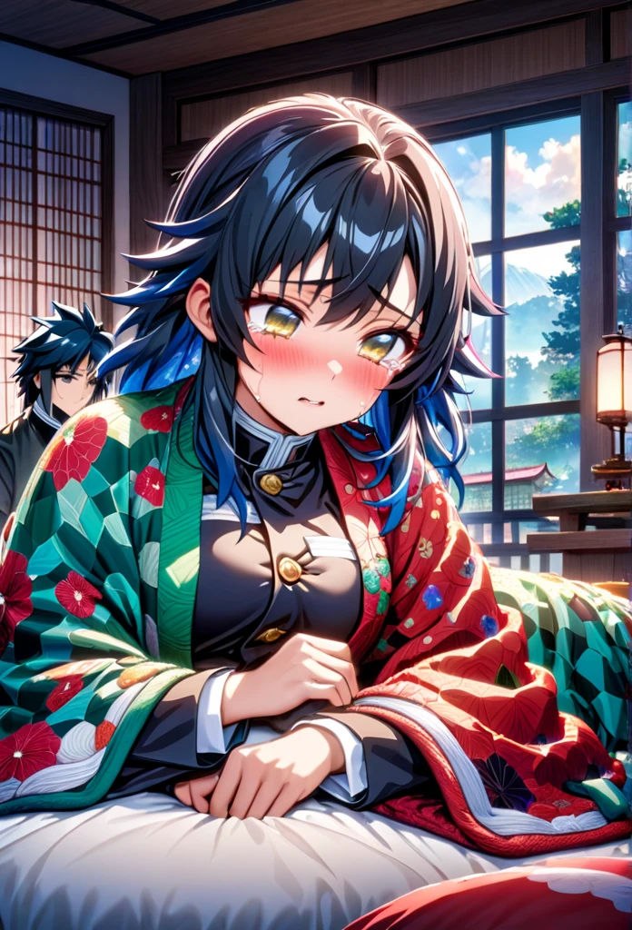 Ultra detailed, highres, absurdres, HDR, master piece, anime girl and boy, pretty woman with white long hair with deep red streaks, girl with yellow eyes, the girl is using a red haori, black demon slayer uniform, Kimetsu No Yaiba, fantasy, the pretty girl is sad and crying, Tomioka Giyu is hurt in bed, Water Hashira, Tomioka is in coma, romance, inside a japones house, best quality, extremely detailed face, love, passion, romance, anime