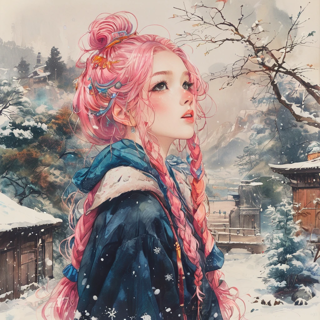((masterpiece)), (best quality), (detailed), 1girl,
looking at viewer,  (lipstick:0.75), leaning forward,
long pink hair, twintails,
colorful thighighs,
winter, vivid colors,
 