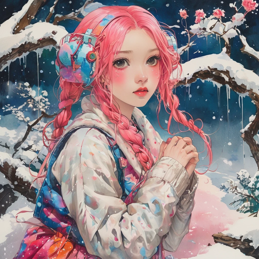 ((masterpiece)), (best quality), (detailed), 1girl,
looking at viewer,  (lipstick:0.75), leaning forward,
long pink hair, twintails,
colorful thighighs,
winter, vivid colors,
 