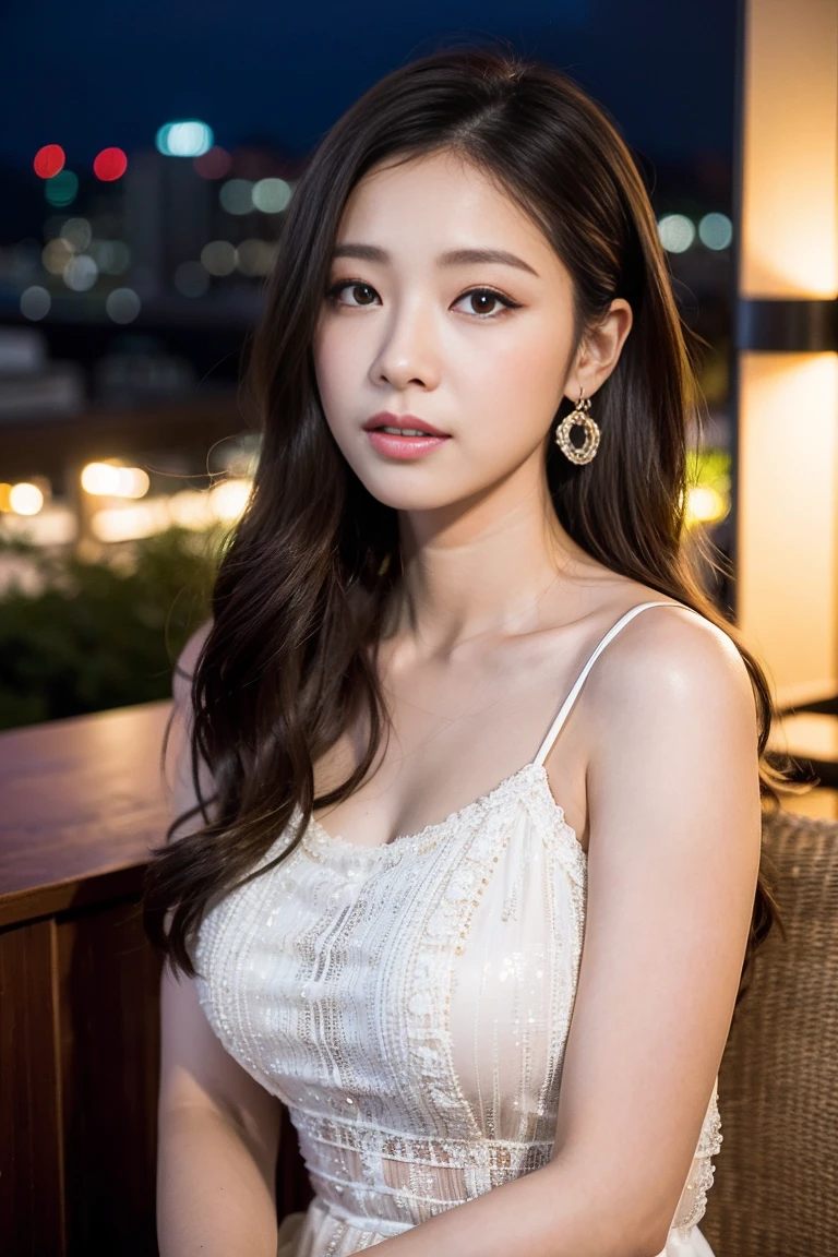 Dark brown hair、Light brown eyes、Japanese actress、 Lady、I am about 40 years old...、(Intricate details:1.2)、(Which is the top???:1.4)、 (Ultra-high resolution:1.2)、Ultra-high resolution、(Finely tuned)、(Detailed facial features)、Hmph、8K resolution、D cup size breasts、Long Hair、Rooftop Bar、Night view、Extravagant space、relax、、,Full body photo、Head to toe shot、Beautiful feet、Camisole dress、Beautiful feet、she, Fashion Hub, Attention to detail, Very detailed, Realistic, Hourglass Shaped Body, Obscene pose,、、私 cry a lot、tears、diagonally from below、please lift your chin、Put your butt against the wall、relaxした表情、Pose of Weakness、(auraroid photo:1.2)、From outside the window、A masterpiece of transparent painting、8K、32k、Highest quality、(Details of both eyes)、1 Girl、elegant、(Loose dress :1.4)、Night view。(Low - Angle、Look up and look at me:1.2)、Hilarious、Looking into the camera、