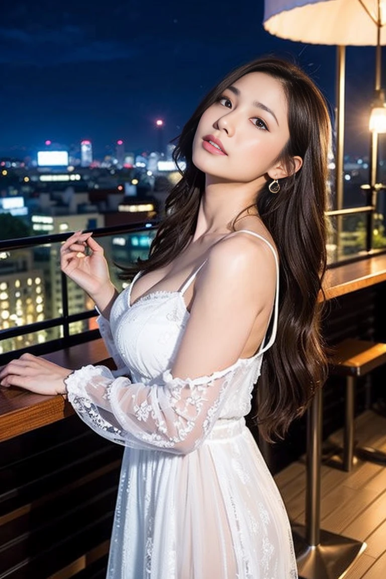 Dark brown hair、Light brown eyes、Japanese actress、 Lady、I am about 40 years old...、(Intricate details:1.2)、(Which is the top???:1.4)、 (Ultra-high resolution:1.2)、Ultra-high resolution、(Finely tuned)、(Detailed facial features)、Hmph、8K resolution、D cup size breasts、Long Hair、Rooftop Bar、Night view、Extravagant space、relax、、,Full body photo、Head to toe shot、Beautiful feet、Camisole dress、Beautiful feet、she, Fashion Hub, Attention to detail, Very detailed, Realistic, Hourglass Shaped Body, Obscene pose,、、私 cry a lot、tears、diagonally from below、please lift your chin、Put your butt against the wall、relaxした表情、Pose of Weakness、(auraroid photo:1.2)、From outside the window、A masterpiece of transparent painting、8K、32k、Highest quality、(Details of both eyes)、1 Girl、elegant、(Loose dress :1.4)、Night view。(Low - Angle、Look up and look at me:1.2)、Hilarious、Looking into the camera、