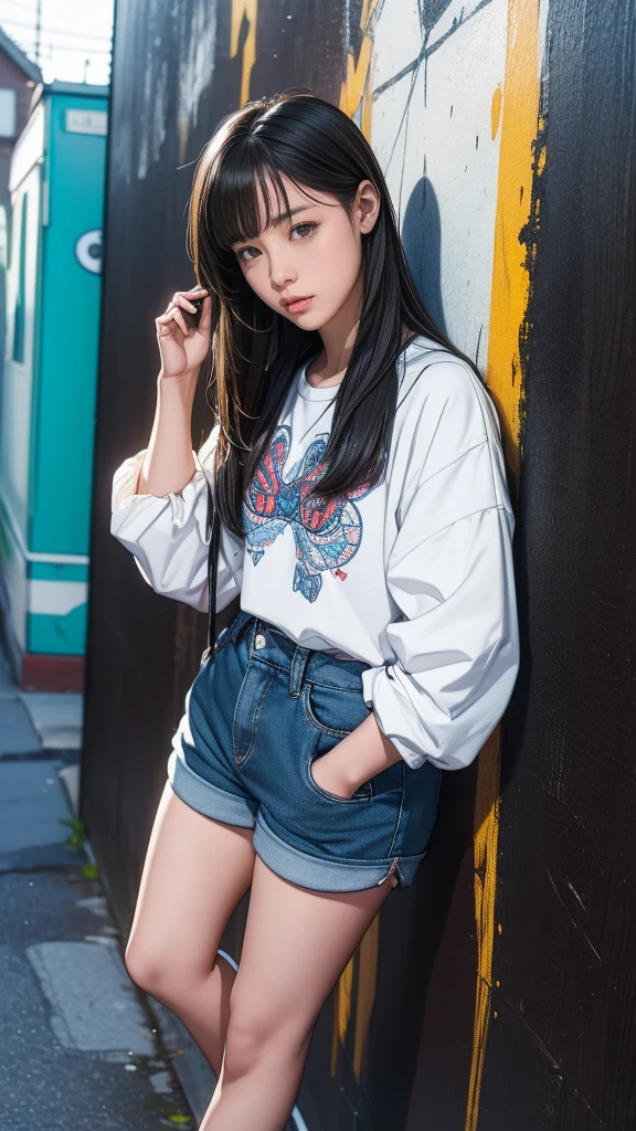 (((Highly detailed CG unit 8K wallpaper:1.2, masterpiece, High resolution:1.2, Highest quality:1.2, Tabletop))), ((A very beautiful 13 year old girl, (Very good:1.5), Put your hands in your pockets:1.8, Grunge Fashion:1.2, wear a blouson:1.2, Wearing shorts, Thin thighs, Putting on your shoes)), ((Highly detailed face, Highly detailed black eyes, Highly detailed body, Highest qualityのリアルテクスチャスキン)), (Black-haired, Hair length:1.2, White skin, small:1.2), ((Colorful geometric patterns are painted all over the wall...., Colorful wall)), (High Angle:1.2, Fisheye Lens:1.3), Surreal, Digital Painting,